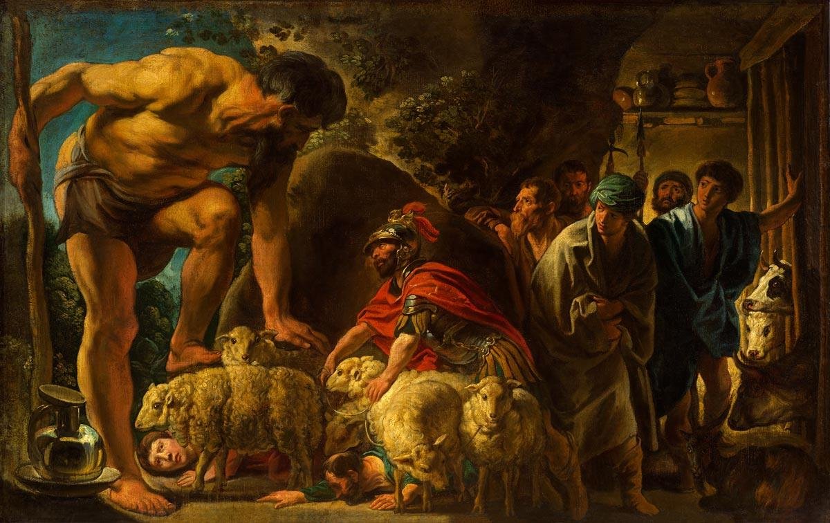 Odiseo y sus hombres escapan ocultos